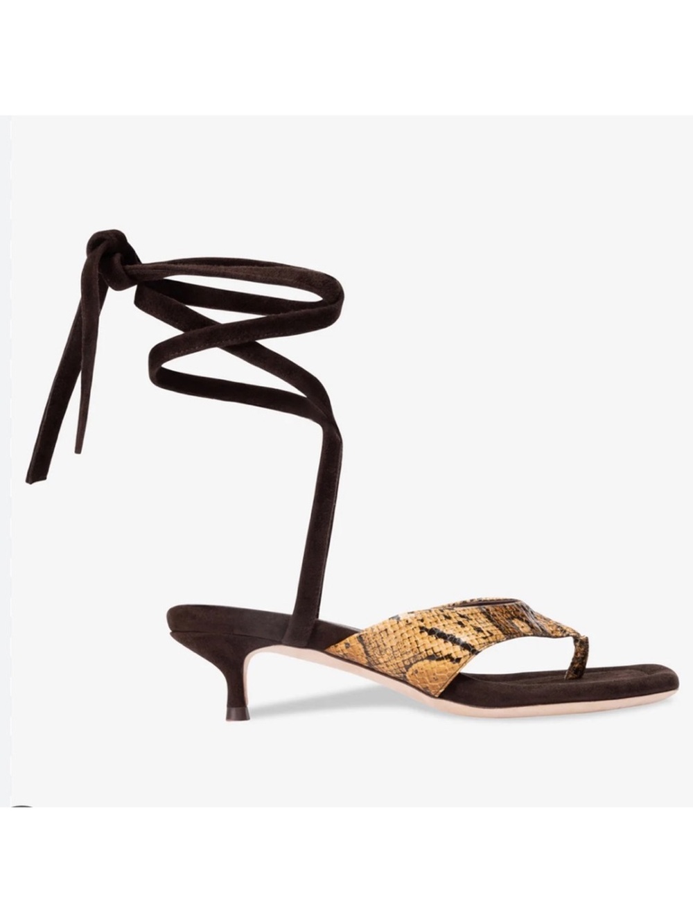 Tamara Mellon Brown and Yellow Snake-Print Ankle Tie Kitten Heel Sandal